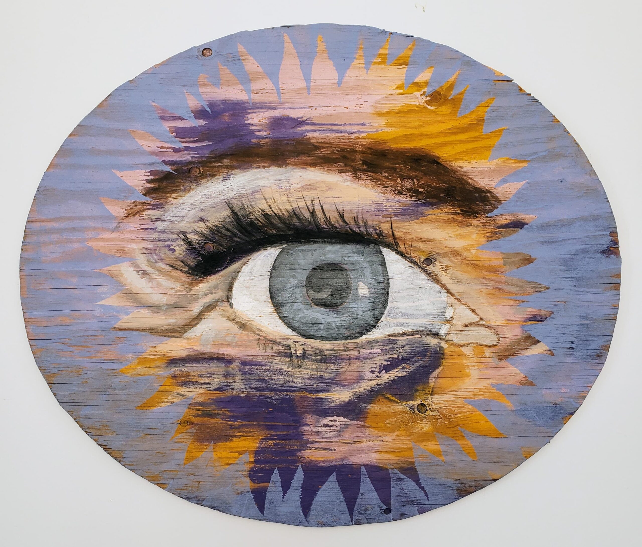 Painting of the artist's eye on salvaged plywood