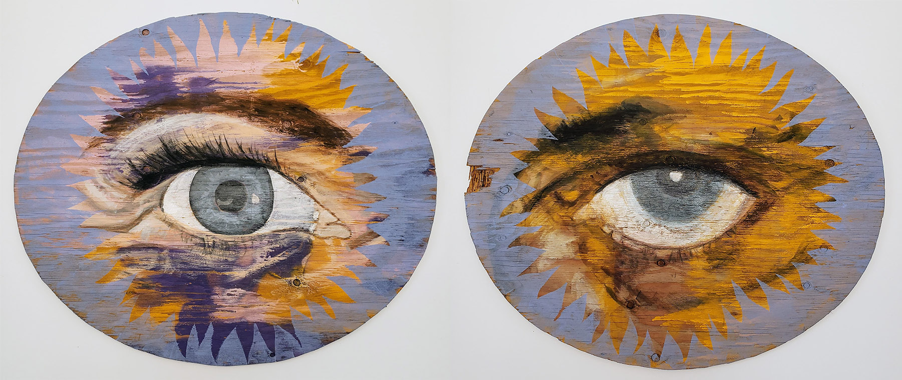 Two eyes painted with acrylic paint on salvaged plywood by artist Leslie Love